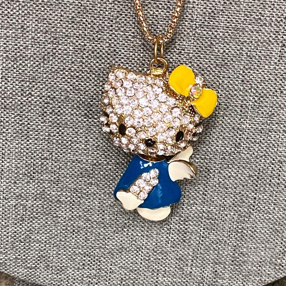 Kawaii‎ Rhinestone Cat Pendant Necklace Blue Dress Yellow Bow Sparkly Cute